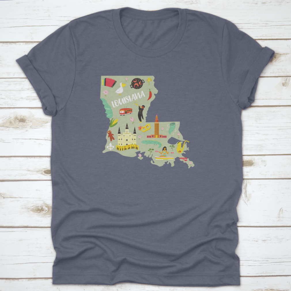 A colorful cartoon-styled t-shirt featuring Louisiana landmarks and symbols, showcasing vibrant designs on a comfortable cotton fabric.