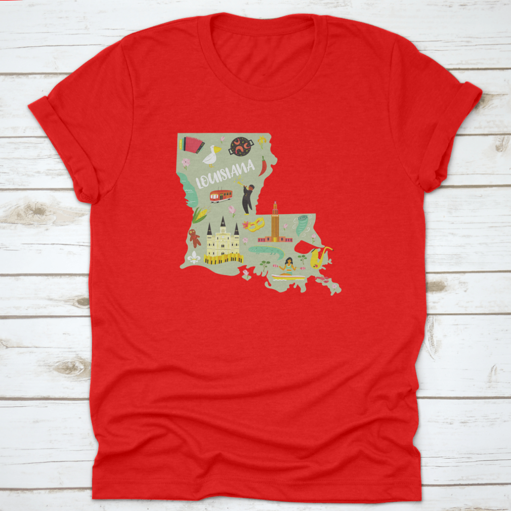A colorful cartoon-styled t-shirt featuring Louisiana landmarks and symbols, showcasing vibrant designs on a comfortable cotton fabric.