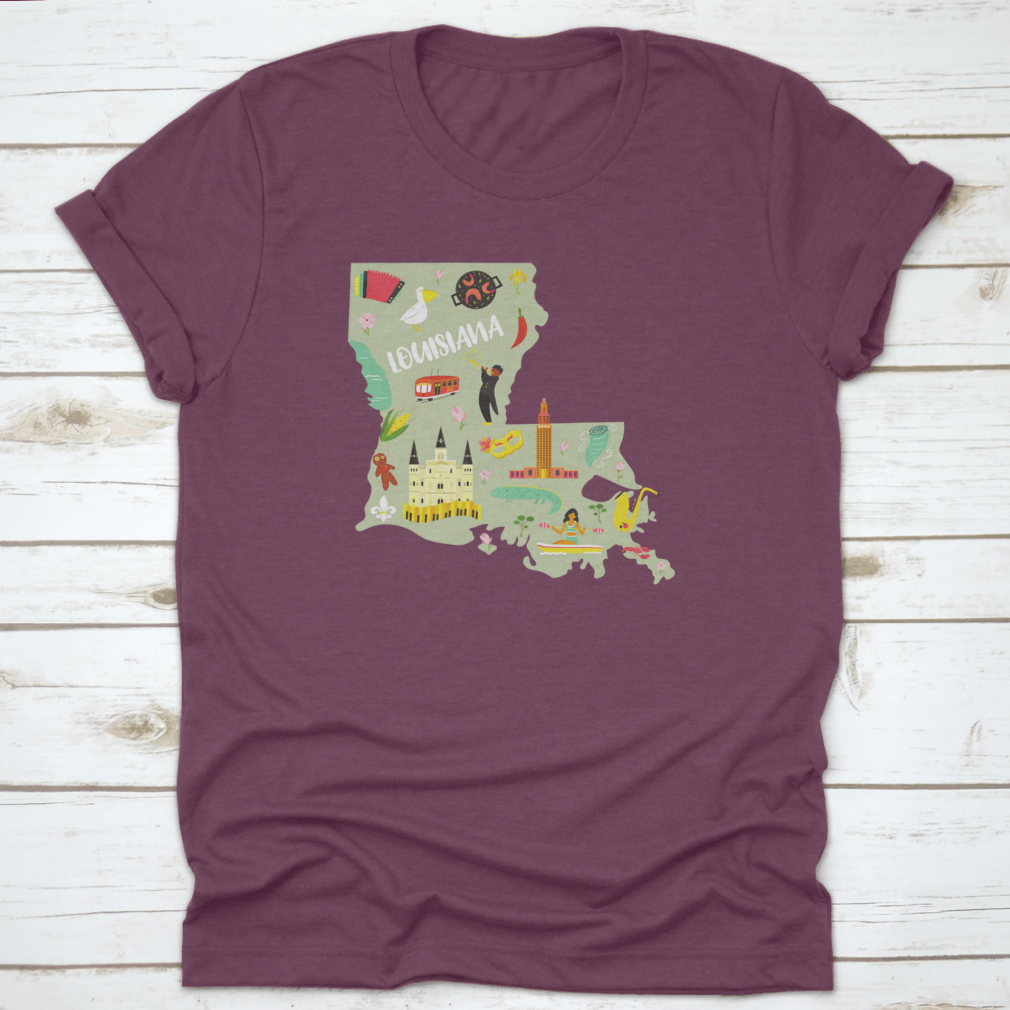 A colorful cartoon-styled t-shirt featuring Louisiana landmarks and symbols, showcasing vibrant designs on a comfortable cotton fabric.