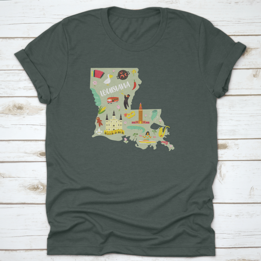 A colorful cartoon-styled t-shirt featuring Louisiana landmarks and symbols, showcasing vibrant designs on a comfortable cotton fabric.