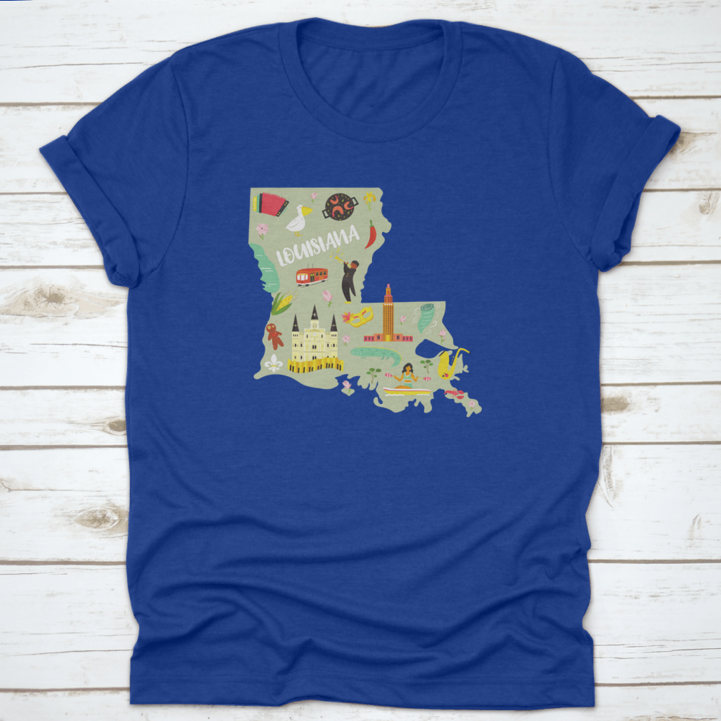 A colorful cartoon-styled t-shirt featuring Louisiana landmarks and symbols, showcasing vibrant designs on a comfortable cotton fabric.