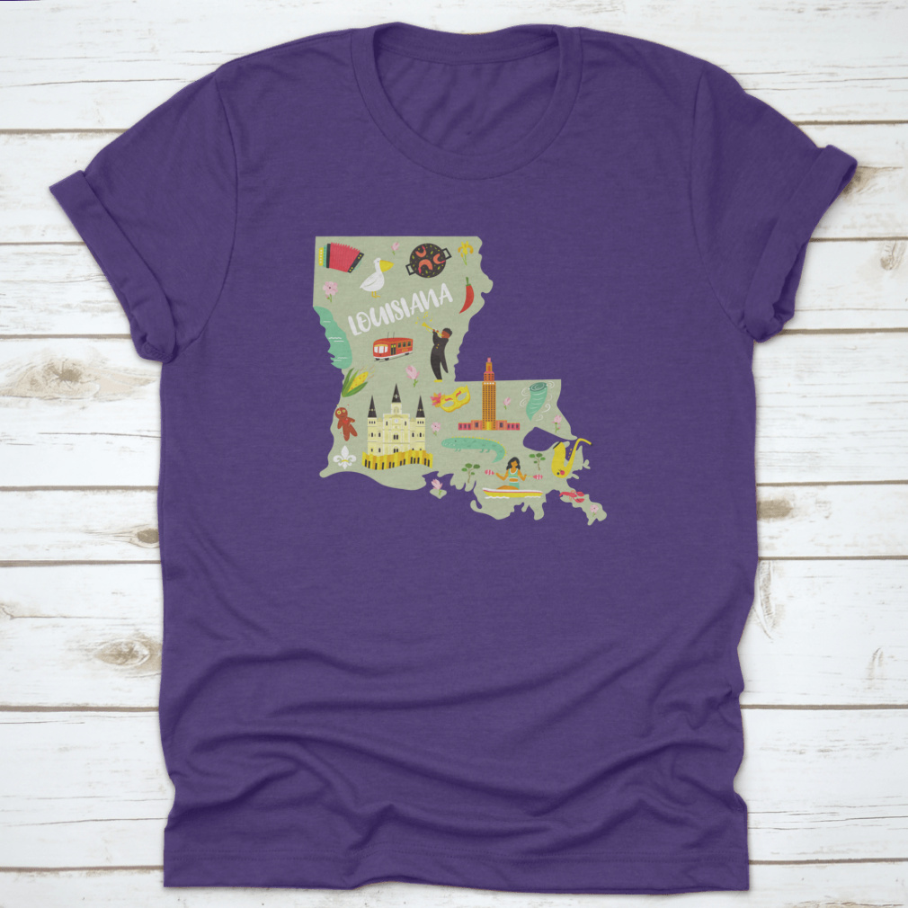 A colorful cartoon-styled t-shirt featuring Louisiana landmarks and symbols, showcasing vibrant designs on a comfortable cotton fabric.