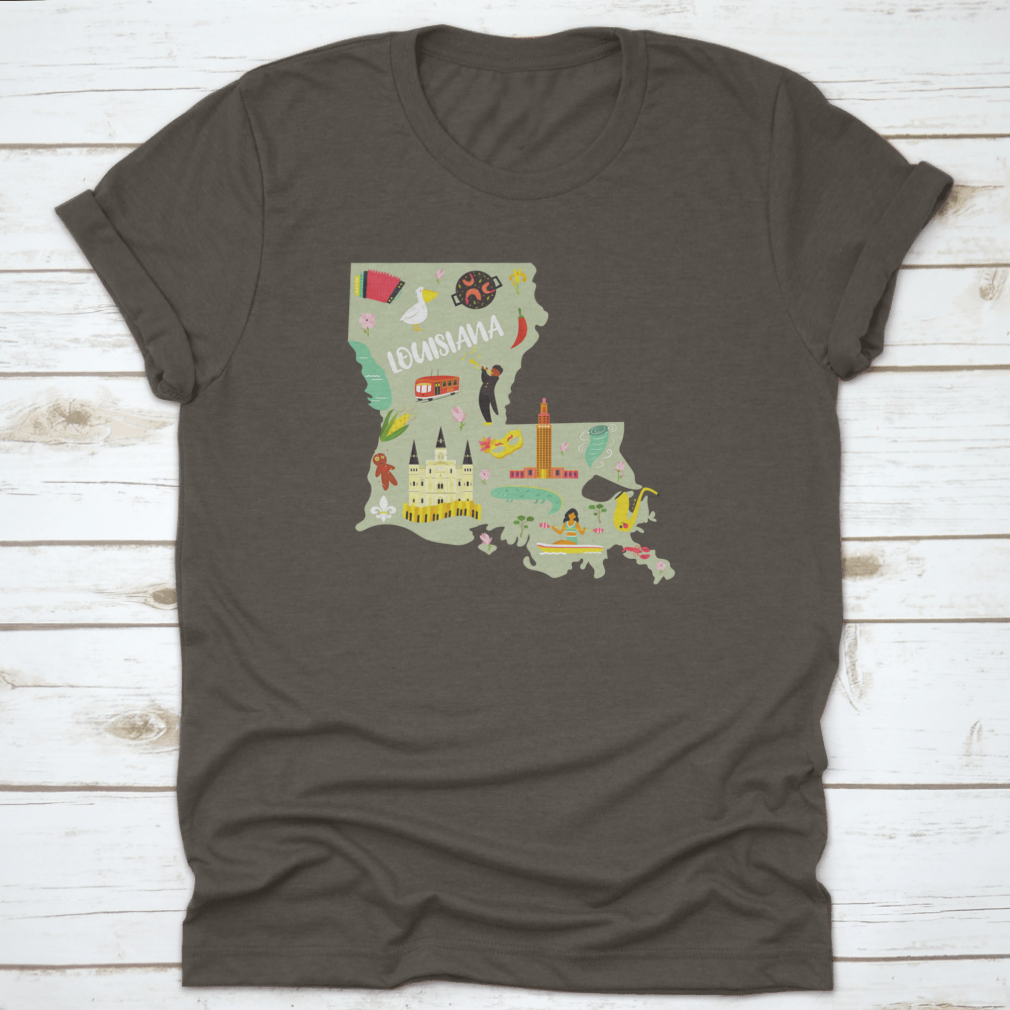 A colorful cartoon-styled t-shirt featuring Louisiana landmarks and symbols, showcasing vibrant designs on a comfortable cotton fabric.