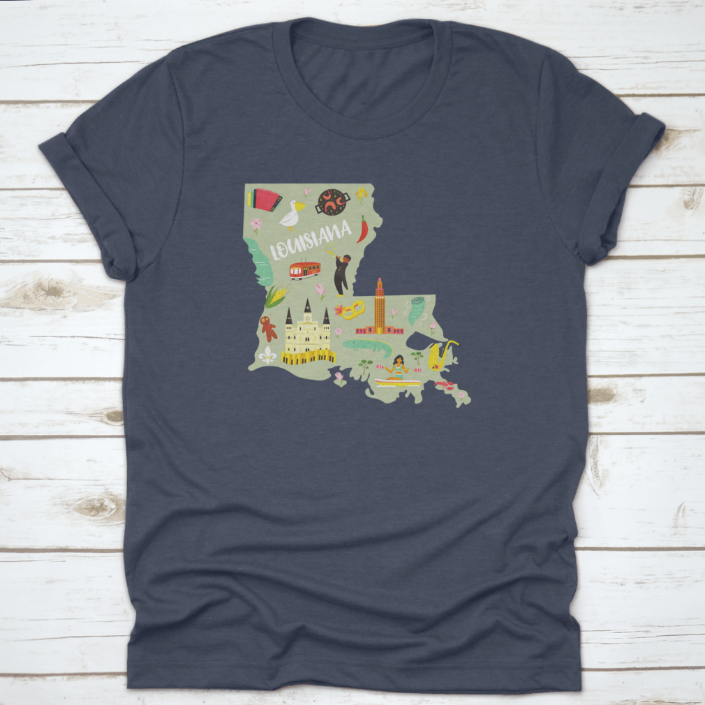 A colorful cartoon-styled t-shirt featuring Louisiana landmarks and symbols, showcasing vibrant designs on a comfortable cotton fabric.