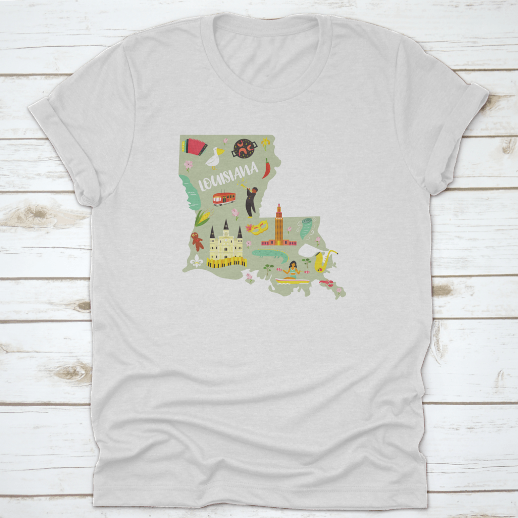 A colorful cartoon-styled t-shirt featuring Louisiana landmarks and symbols, showcasing vibrant designs on a comfortable cotton fabric.