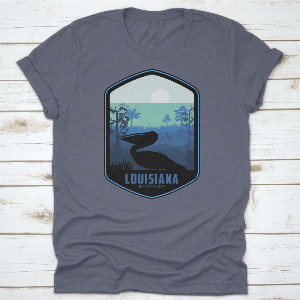 A stylish graphic T-shirt featuring the artistic design of Louisiana's Pelican State, made from soft cotton fabric.