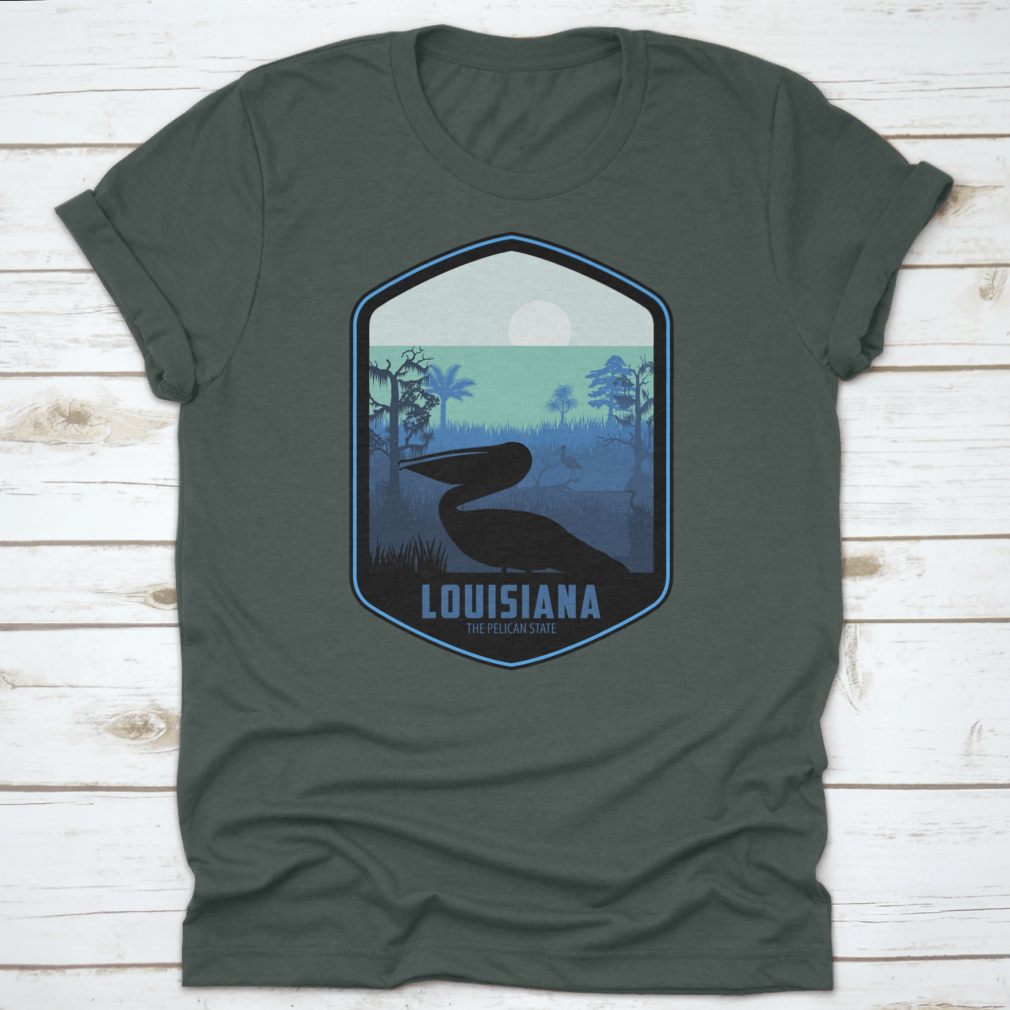 A stylish graphic T-shirt featuring the artistic design of Louisiana's Pelican State, made from soft cotton fabric.
