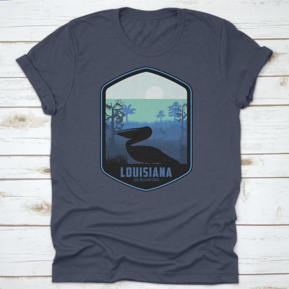A stylish graphic T-shirt featuring the artistic design of Louisiana's Pelican State, made from soft cotton fabric.
