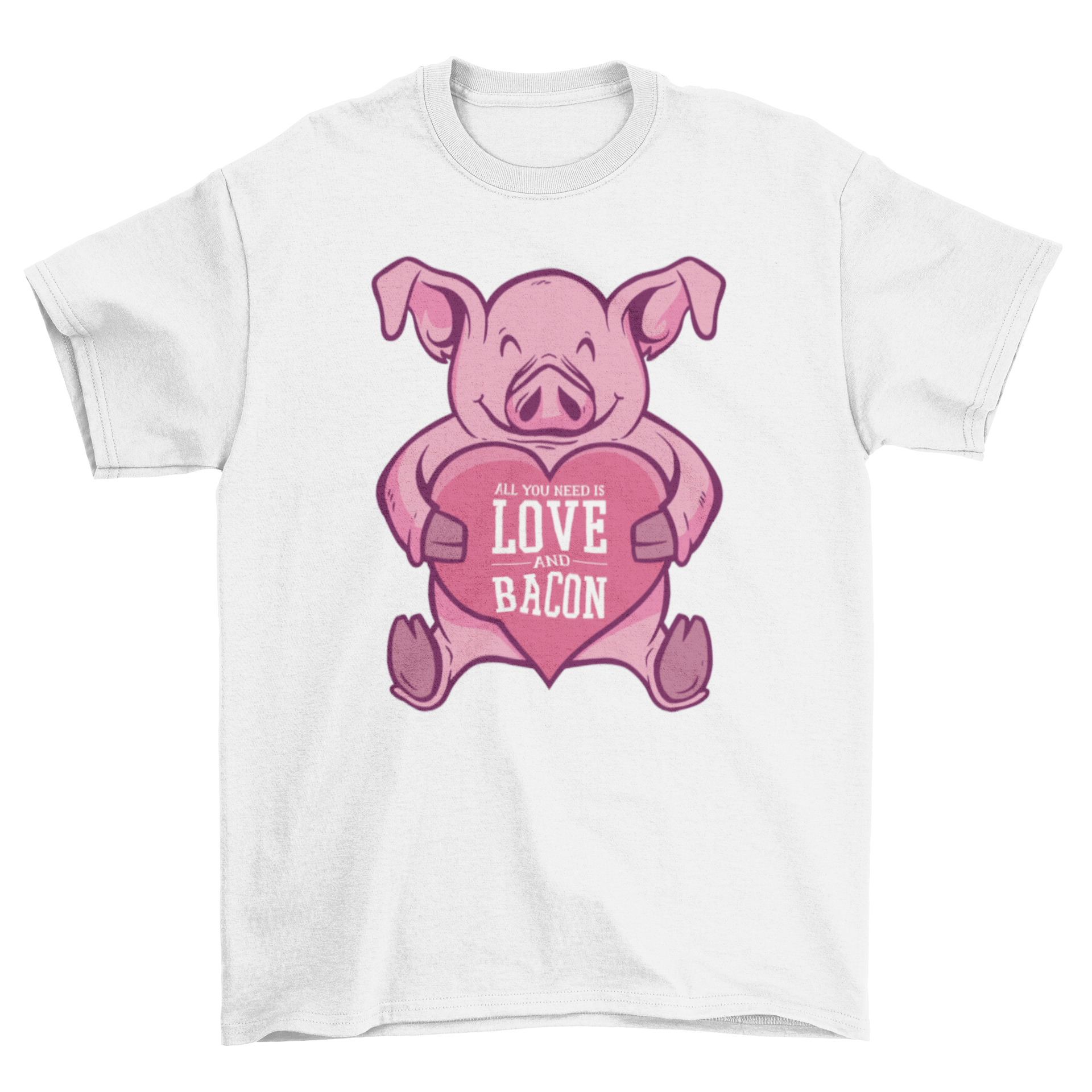 A fun t-shirt featuring a pig holding a heart with the quote 'All you need is love and bacon'.