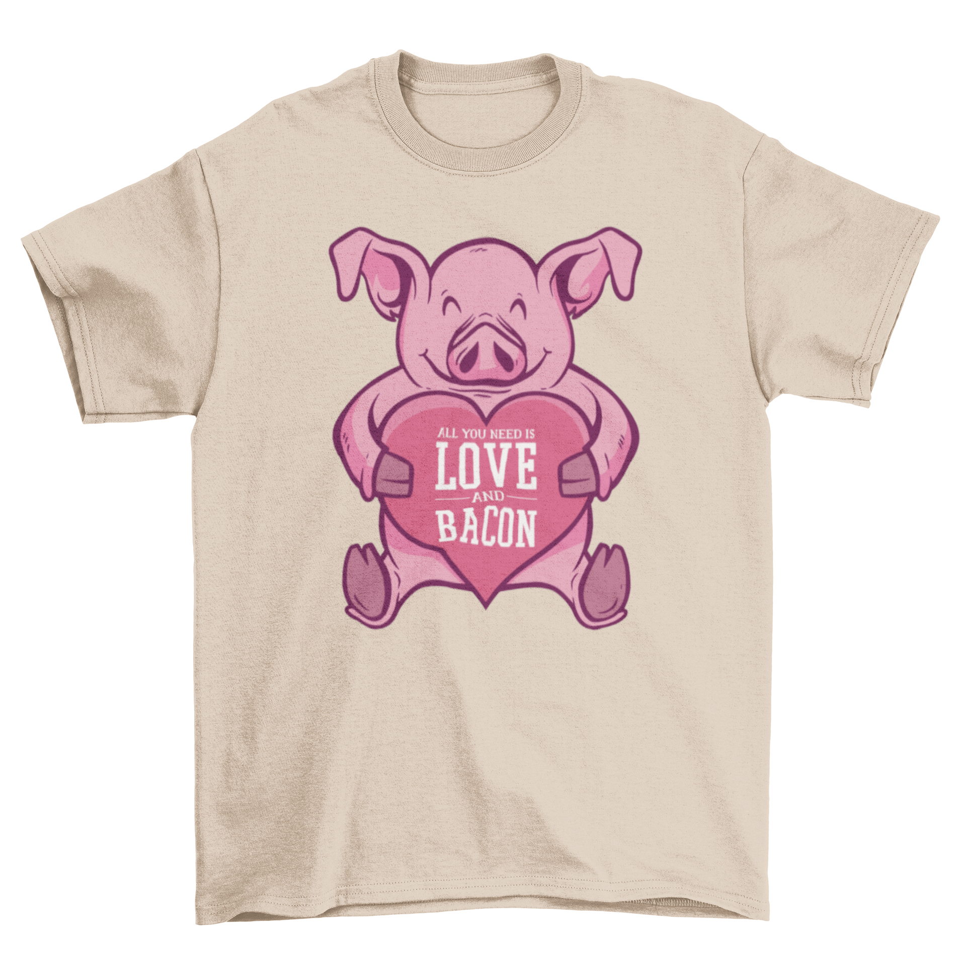 A fun t-shirt featuring a pig holding a heart with the quote 'All you need is love and bacon'.