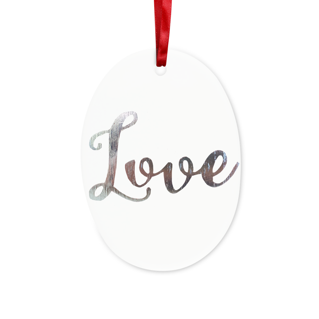 Love Ceramic Hanging Ornament with red ribbon and gold string, perfect for Christmas tree decoration.