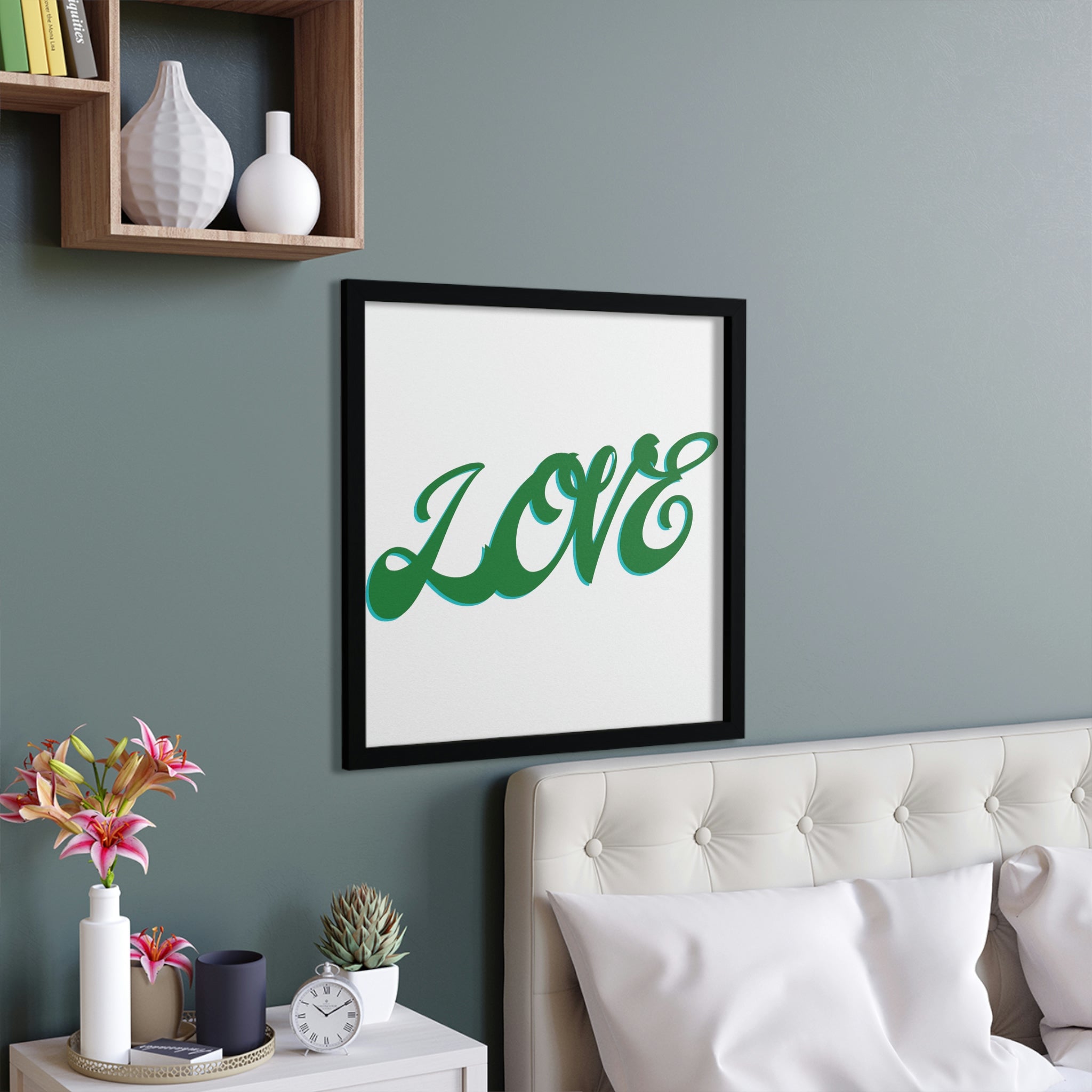A beautifully framed Love Framed Poster featuring a hand-crafted wooden frame, showcasing vibrant colors and sustainable design.