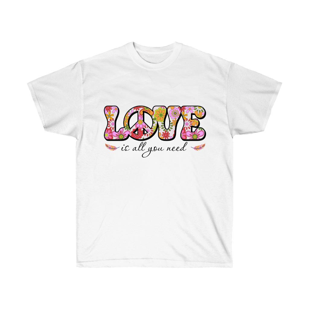 Love is all You Need Retro Hippie T-Shirt featuring a vibrant vinyl print on soft cotton fabric, perfect for casual wear.