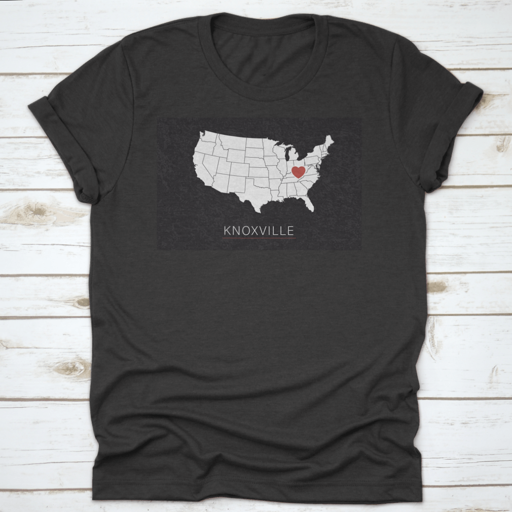 A stylish map of the United States highlighting Knoxville with a heart symbol, representing love for the city.