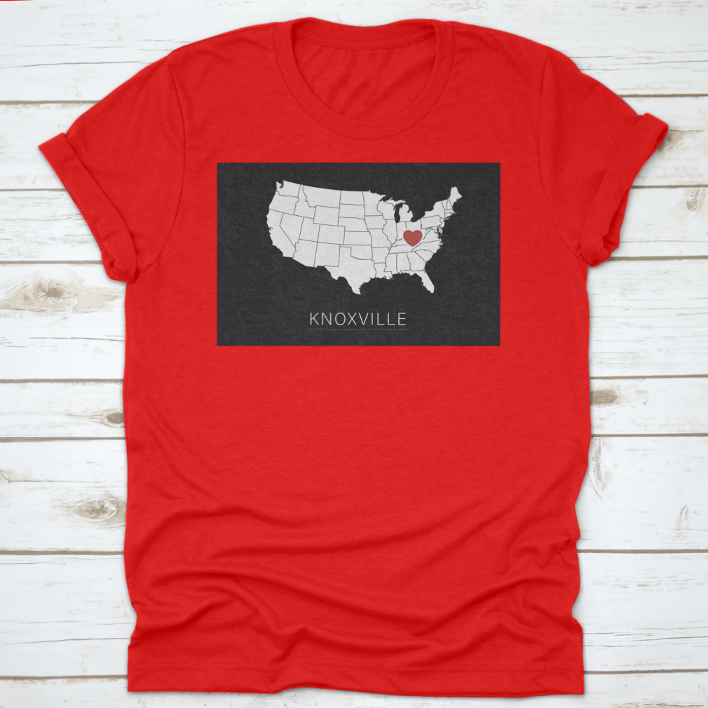 A stylish map of the United States highlighting Knoxville with a heart symbol, representing love for the city.