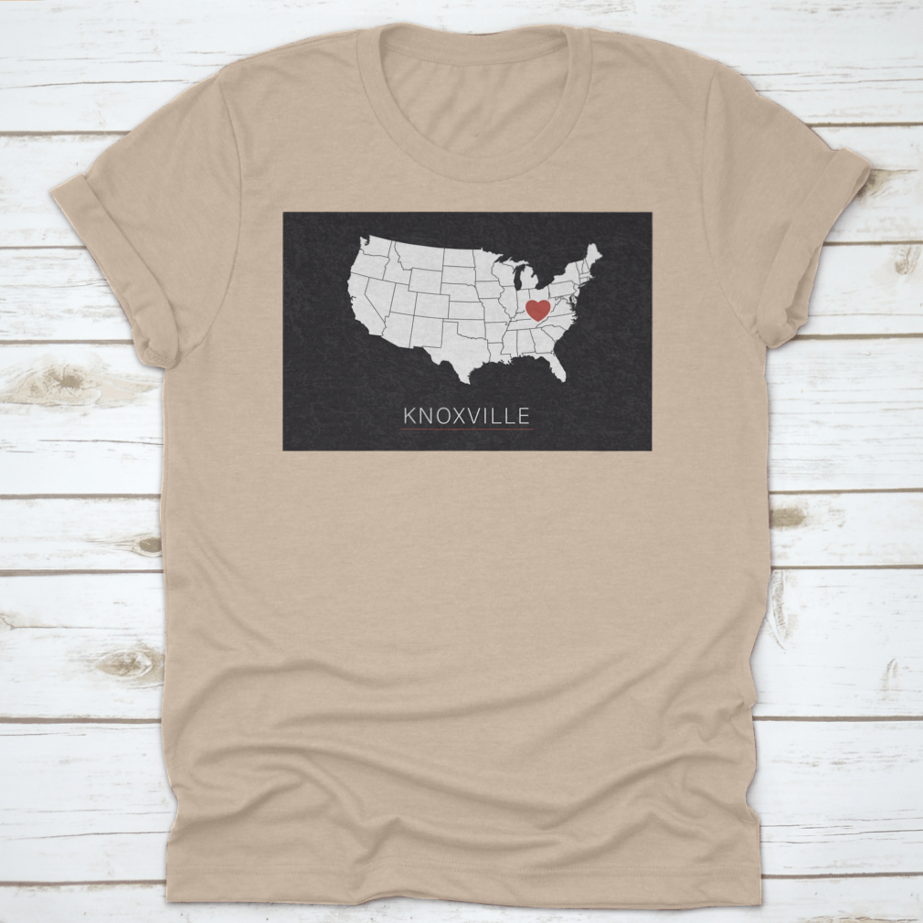 A stylish map of the United States highlighting Knoxville with a heart symbol, representing love for the city.