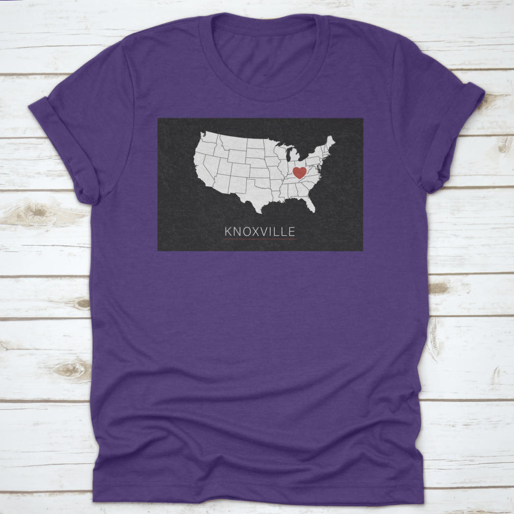 A stylish map of the United States highlighting Knoxville with a heart symbol, representing love for the city.