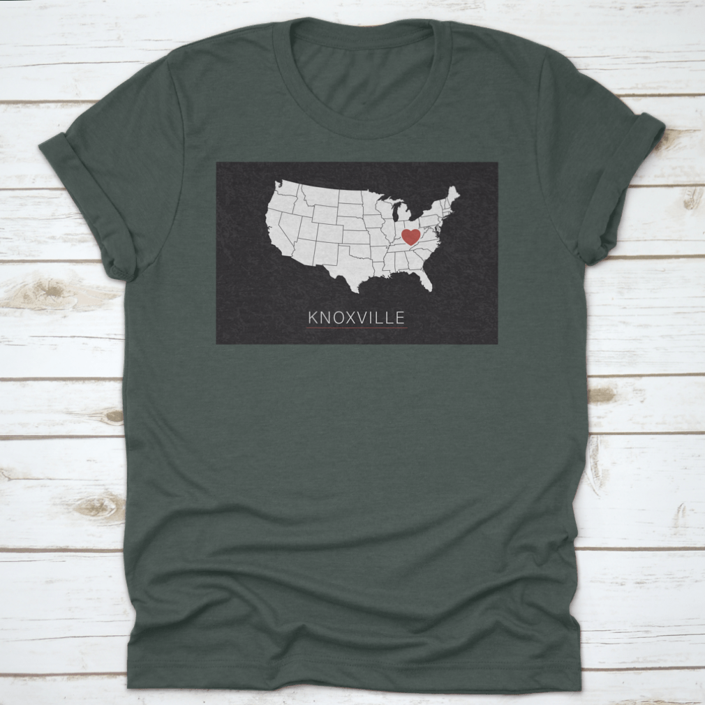 A stylish map of the United States highlighting Knoxville with a heart symbol, representing love for the city.