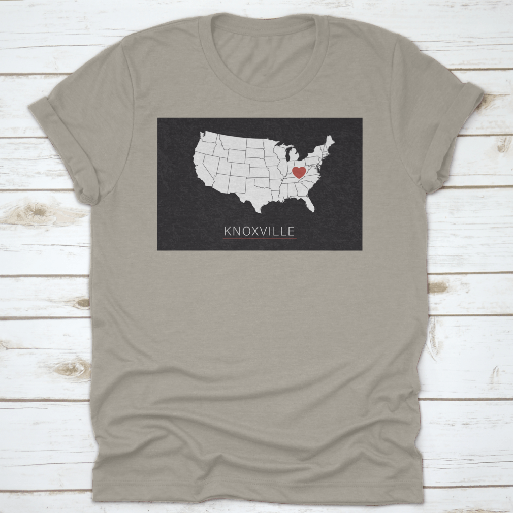 A stylish map of the United States highlighting Knoxville with a heart symbol, representing love for the city.