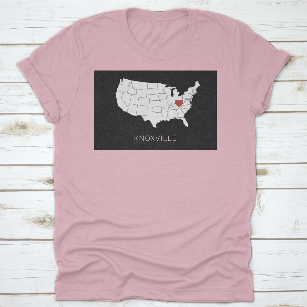 A stylish map of the United States highlighting Knoxville with a heart symbol, representing love for the city.