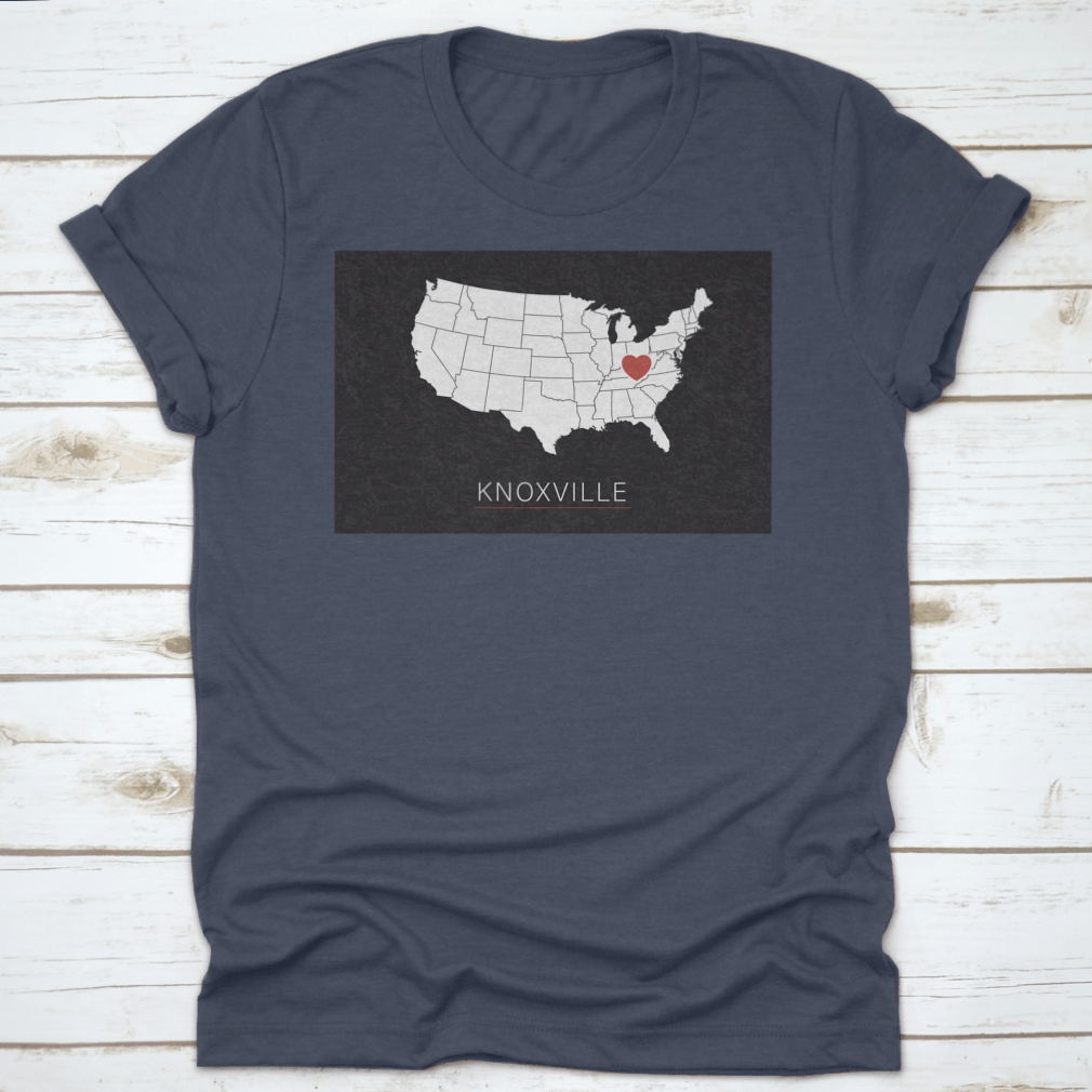 A stylish map of the United States highlighting Knoxville with a heart symbol, representing love for the city.