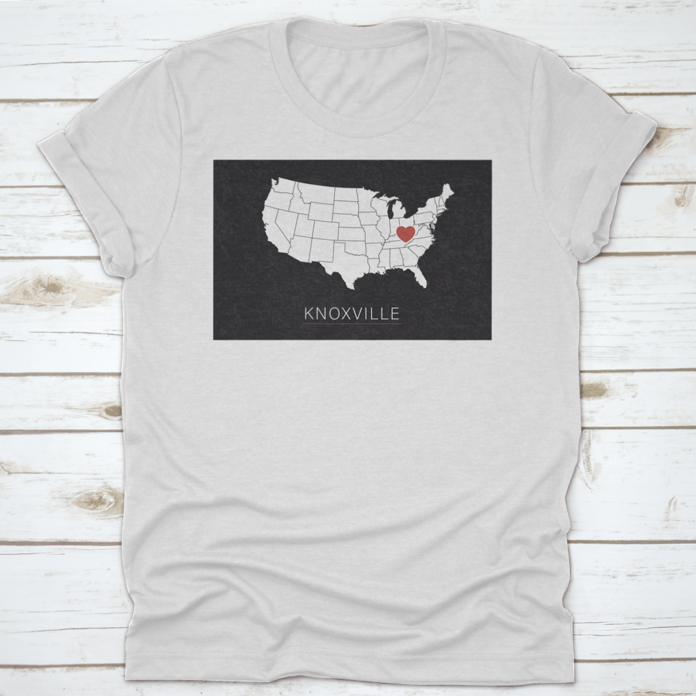 A stylish map of the United States highlighting Knoxville with a heart symbol, representing love for the city.