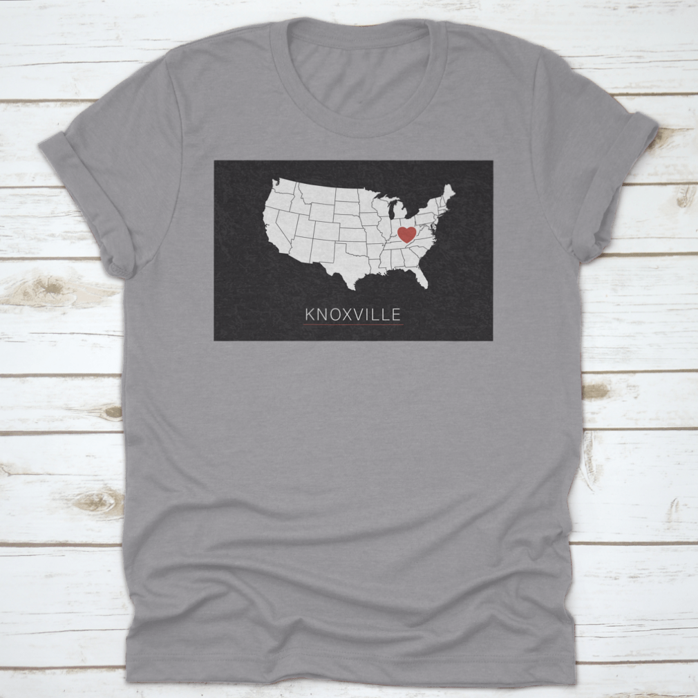 A stylish map of the United States highlighting Knoxville with a heart symbol, representing love for the city.