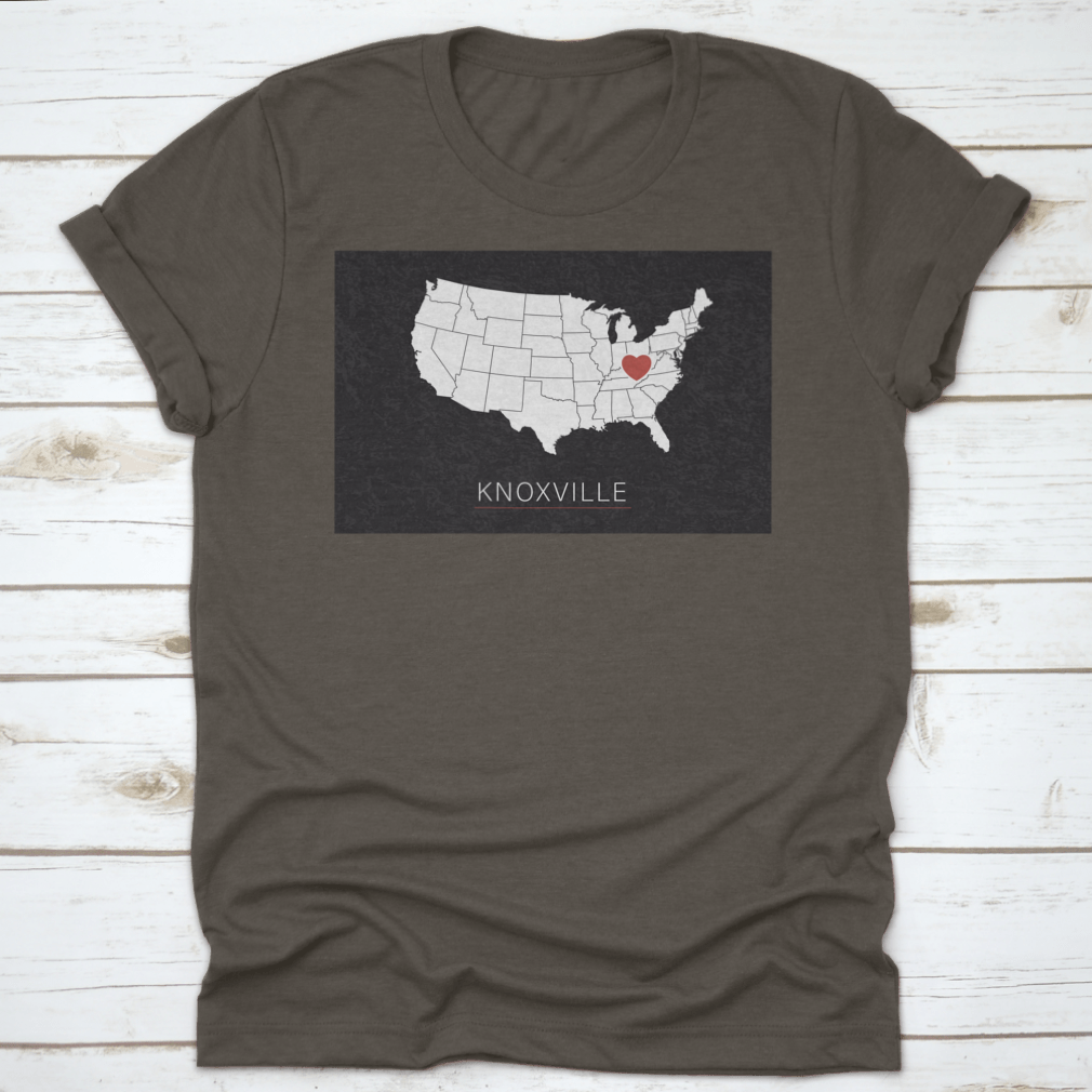 A stylish map of the United States highlighting Knoxville with a heart symbol, representing love for the city.