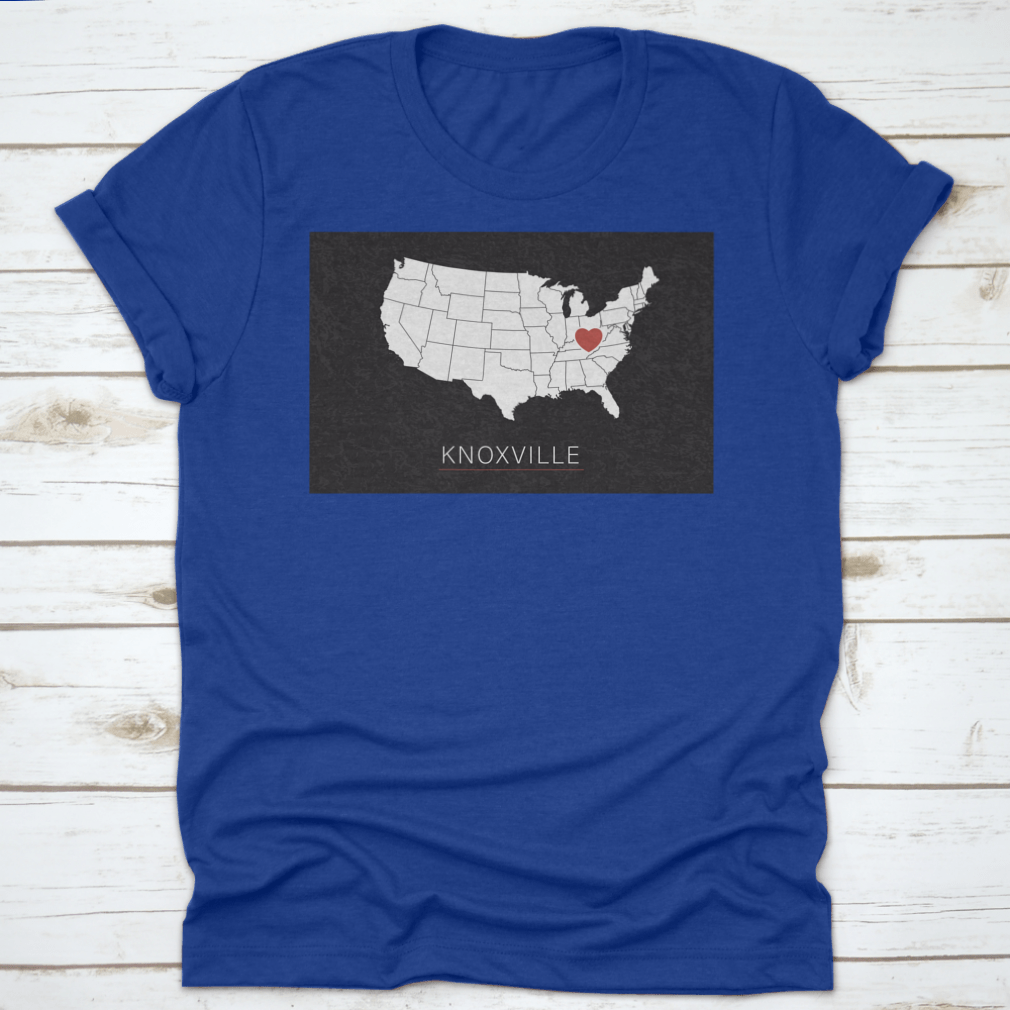 A stylish map of the United States highlighting Knoxville with a heart symbol, representing love for the city.
