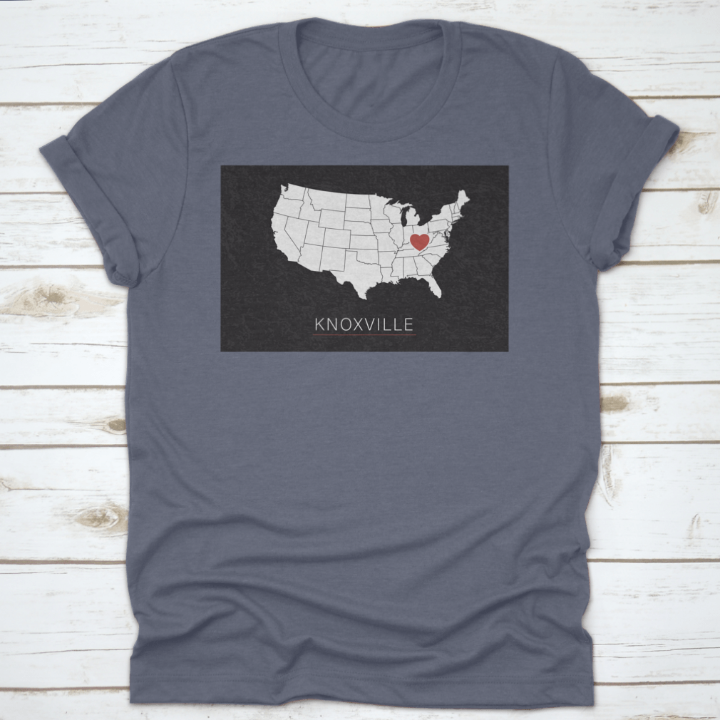 A stylish map of the United States highlighting Knoxville with a heart symbol, representing love for the city.