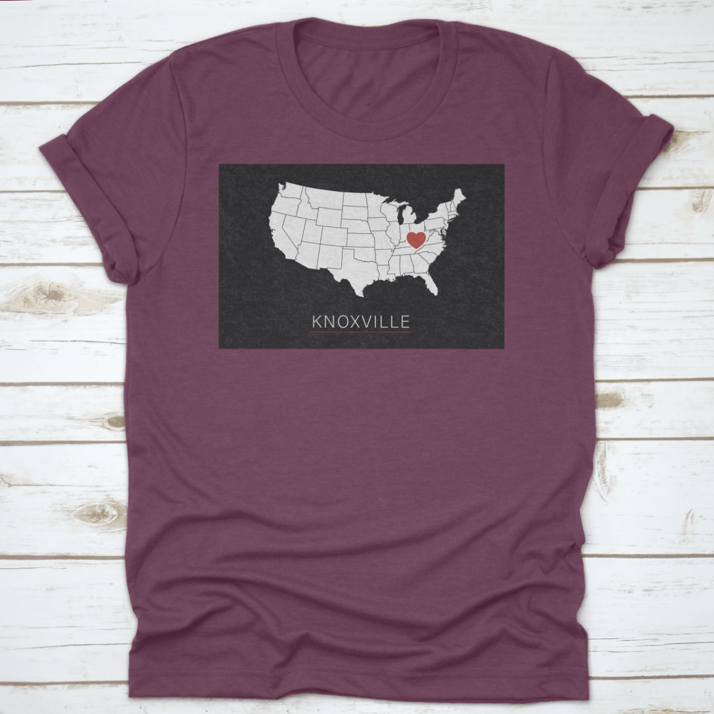 A stylish map of the United States highlighting Knoxville with a heart symbol, representing love for the city.