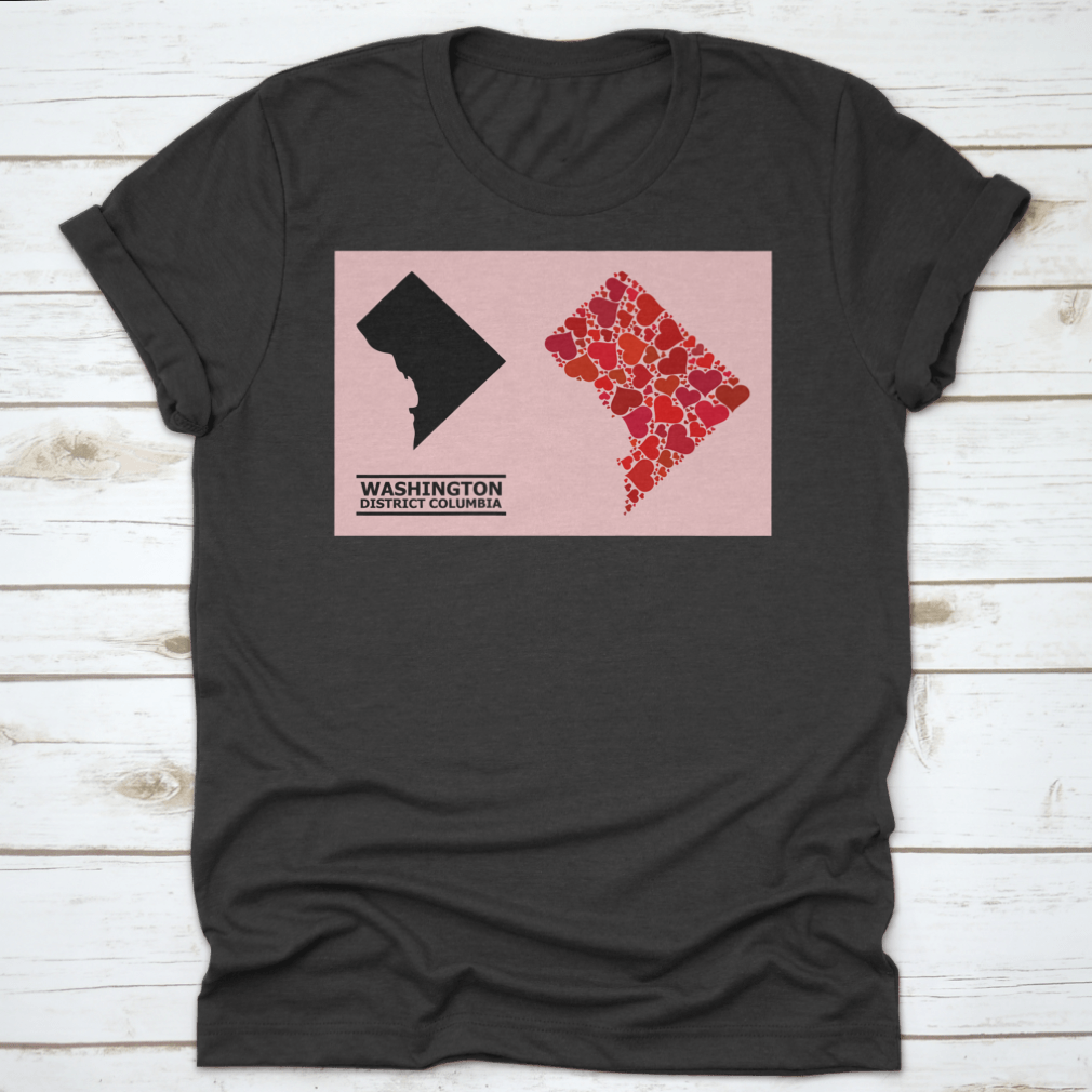 A stylish garment featuring a Love Mosaic and Solid Map of District Columbia on a vibrant pink background, showcasing intricate details.