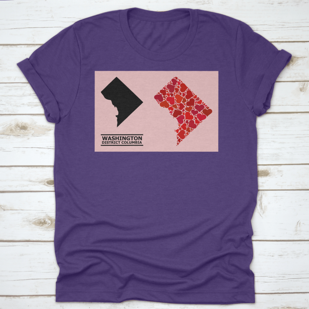 A stylish garment featuring a Love Mosaic and Solid Map of District Columbia on a vibrant pink background, showcasing intricate details.