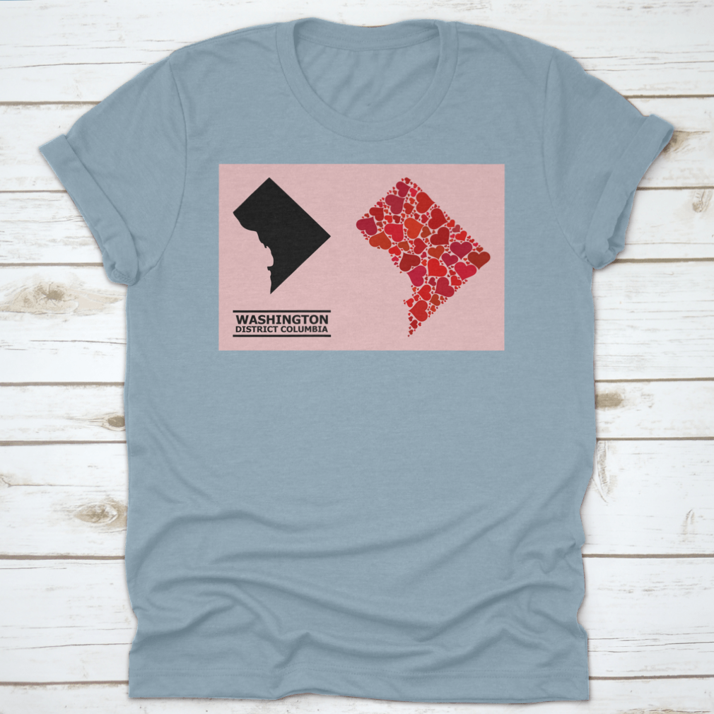 A stylish garment featuring a Love Mosaic and Solid Map of District Columbia on a vibrant pink background, showcasing intricate details.