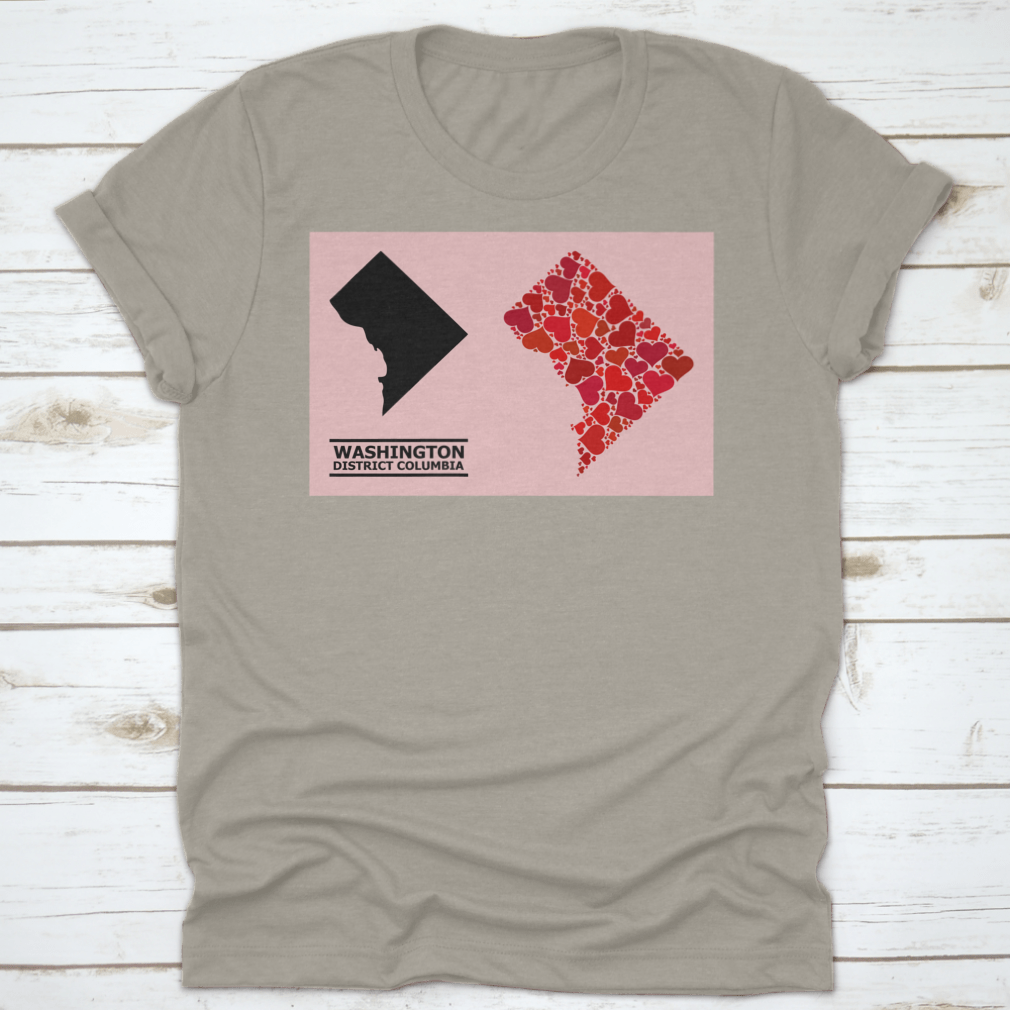 A stylish garment featuring a Love Mosaic and Solid Map of District Columbia on a vibrant pink background, showcasing intricate details.