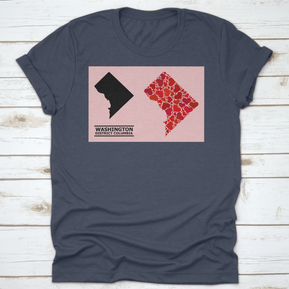 A stylish garment featuring a Love Mosaic and Solid Map of District Columbia on a vibrant pink background, showcasing intricate details.