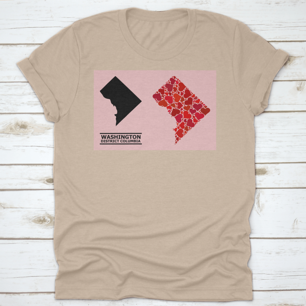 A stylish garment featuring a Love Mosaic and Solid Map of District Columbia on a vibrant pink background, showcasing intricate details.