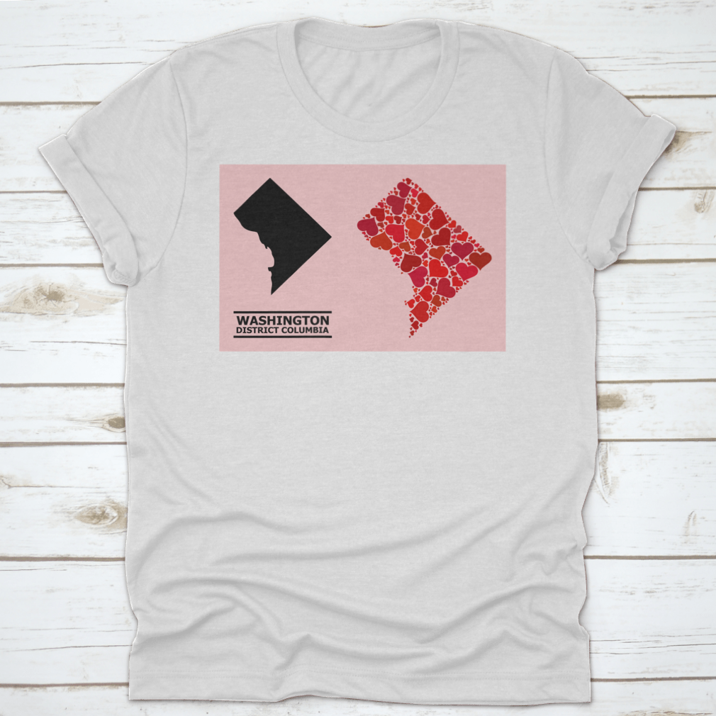 A stylish garment featuring a Love Mosaic and Solid Map of District Columbia on a vibrant pink background, showcasing intricate details.