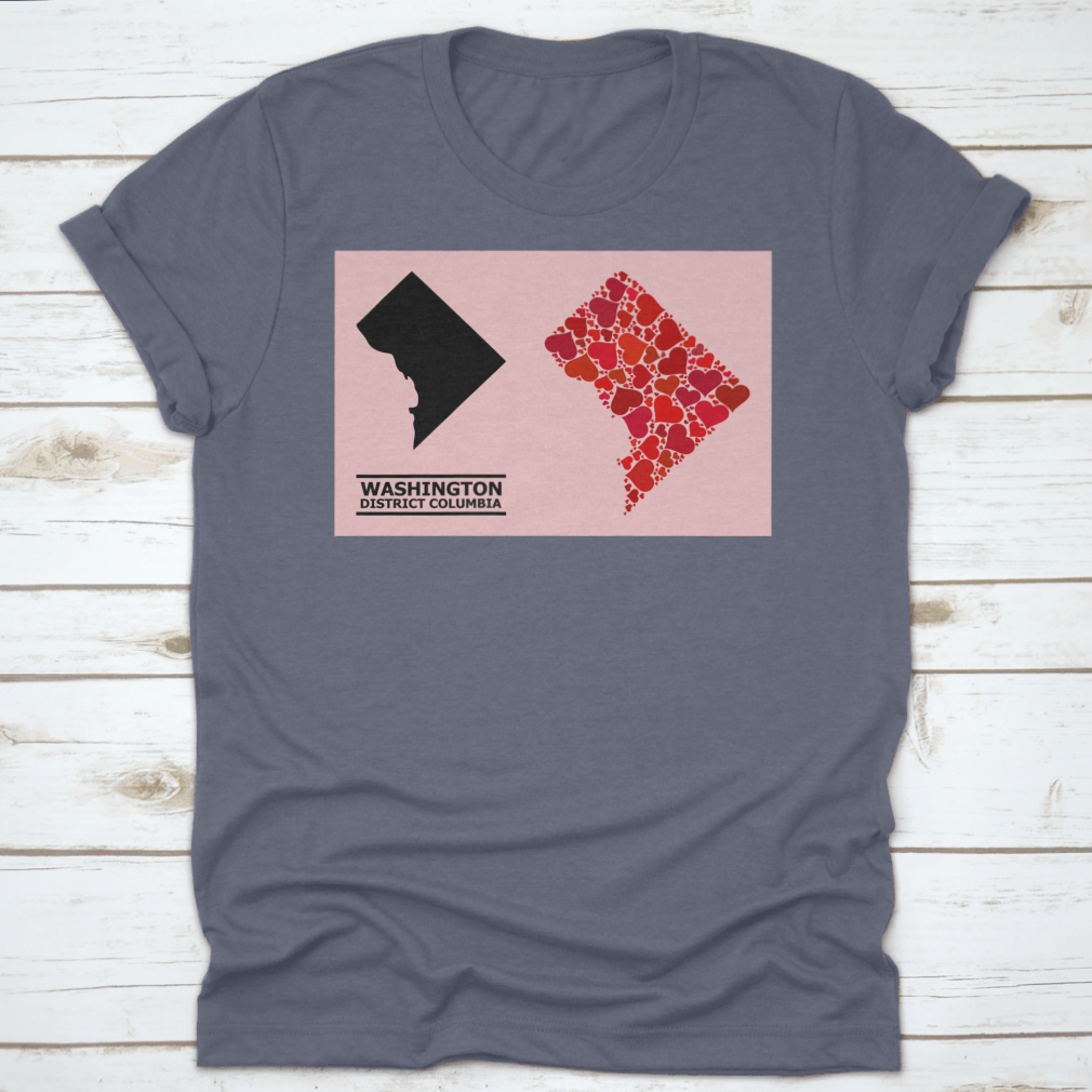 A stylish garment featuring a Love Mosaic and Solid Map of District Columbia on a vibrant pink background, showcasing intricate details.