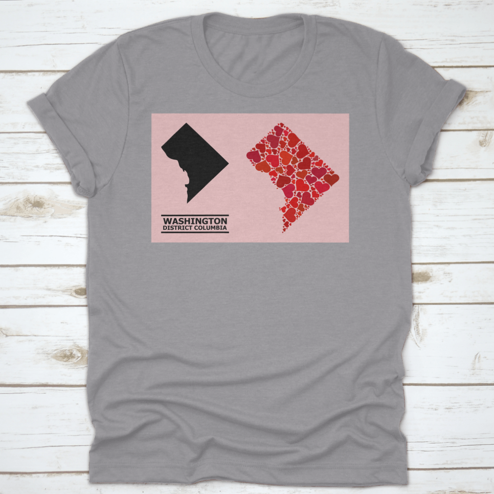A stylish garment featuring a Love Mosaic and Solid Map of District Columbia on a vibrant pink background, showcasing intricate details.