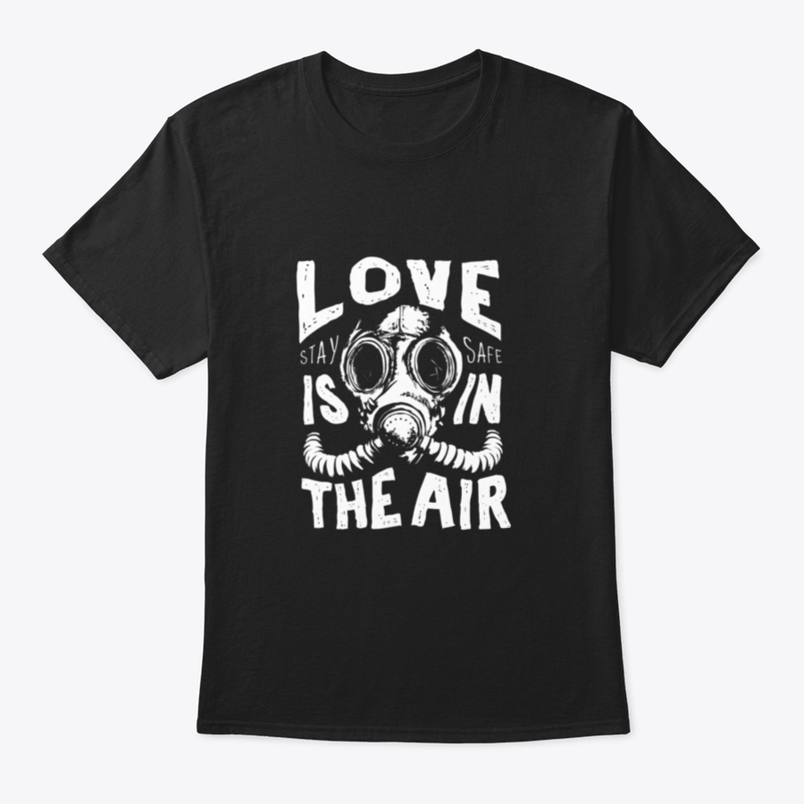 A stylish black and white T-shirt featuring a gas mask illustration with a love slogan, made from 100% cotton for comfort.