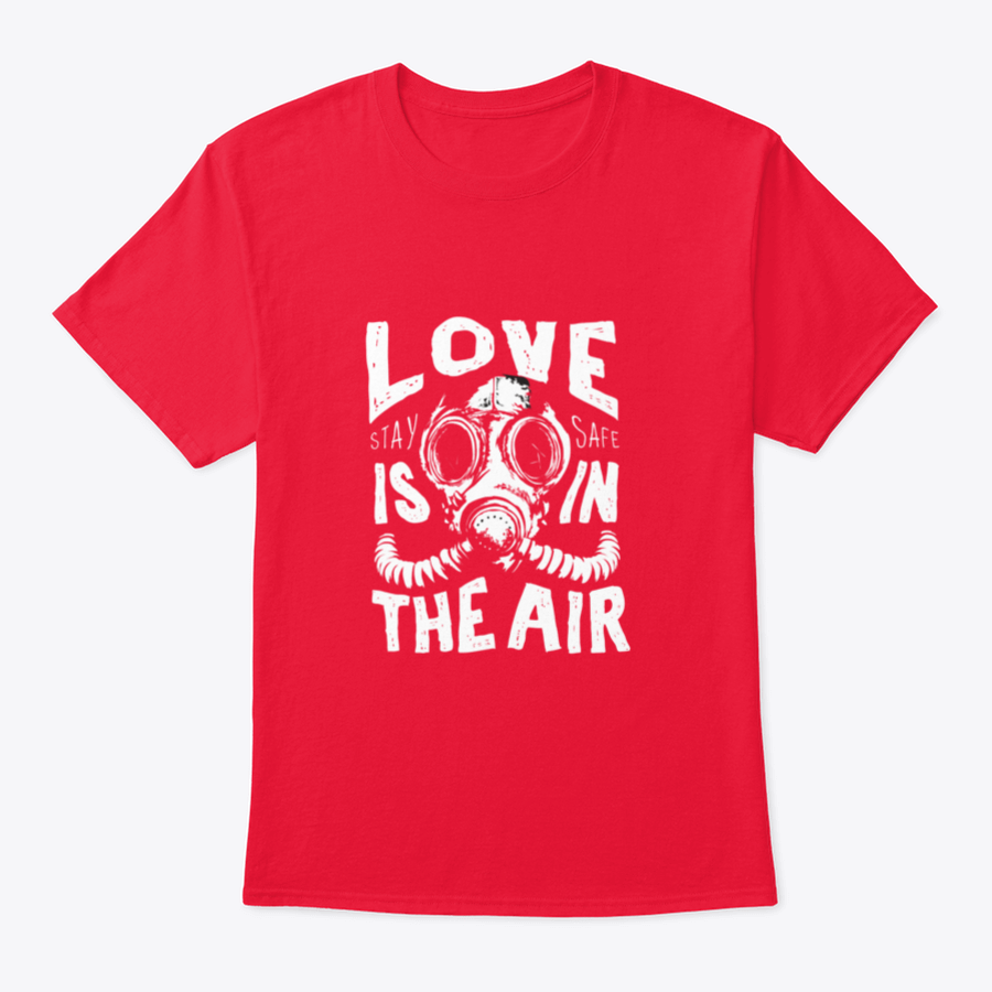 A stylish black and white T-shirt featuring a gas mask illustration with a love slogan, made from 100% cotton for comfort.