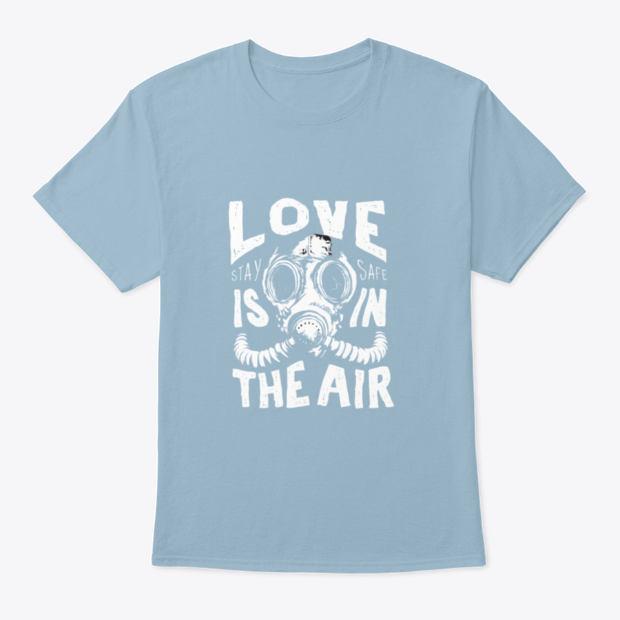 A stylish black and white T-shirt featuring a gas mask illustration with a love slogan, made from 100% cotton for comfort.
