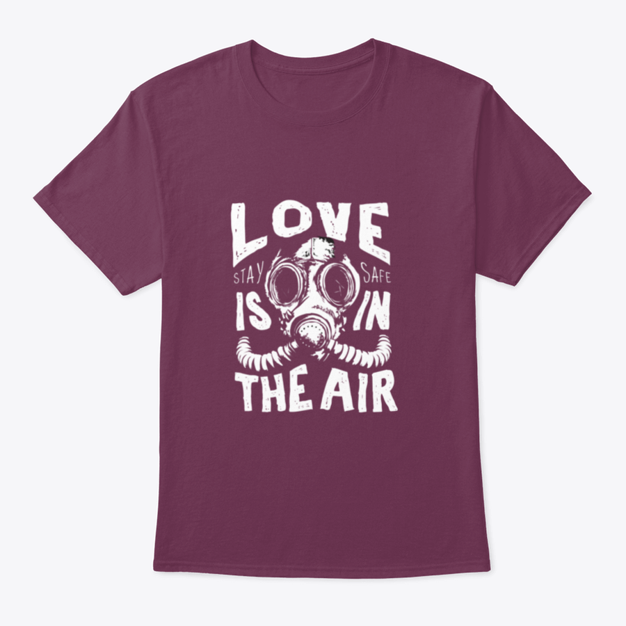 A stylish black and white T-shirt featuring a gas mask illustration with a love slogan, made from 100% cotton for comfort.