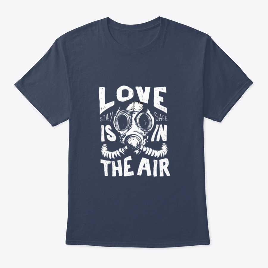 A stylish black and white T-shirt featuring a gas mask illustration with a love slogan, made from 100% cotton for comfort.