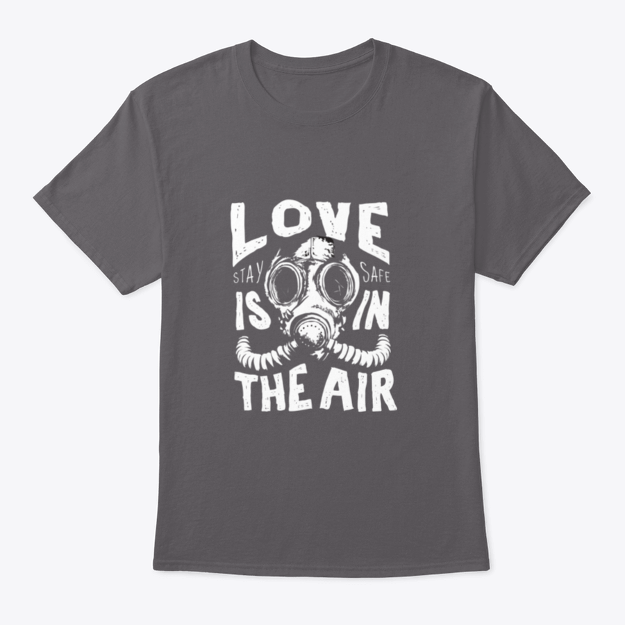 A stylish black and white T-shirt featuring a gas mask illustration with a love slogan, made from 100% cotton for comfort.