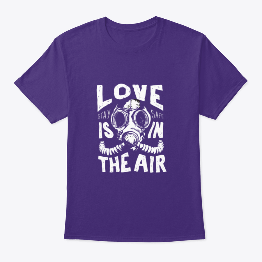 A stylish black and white T-shirt featuring a gas mask illustration with a love slogan, made from 100% cotton for comfort.