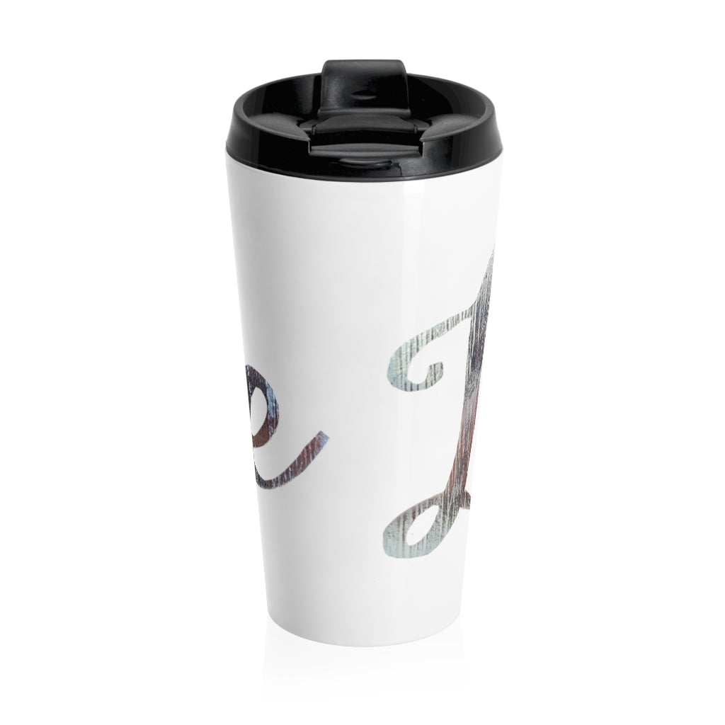 Love Stainless Steel Travel Mug with black lid, showcasing a sleek design and vibrant sublimation print.