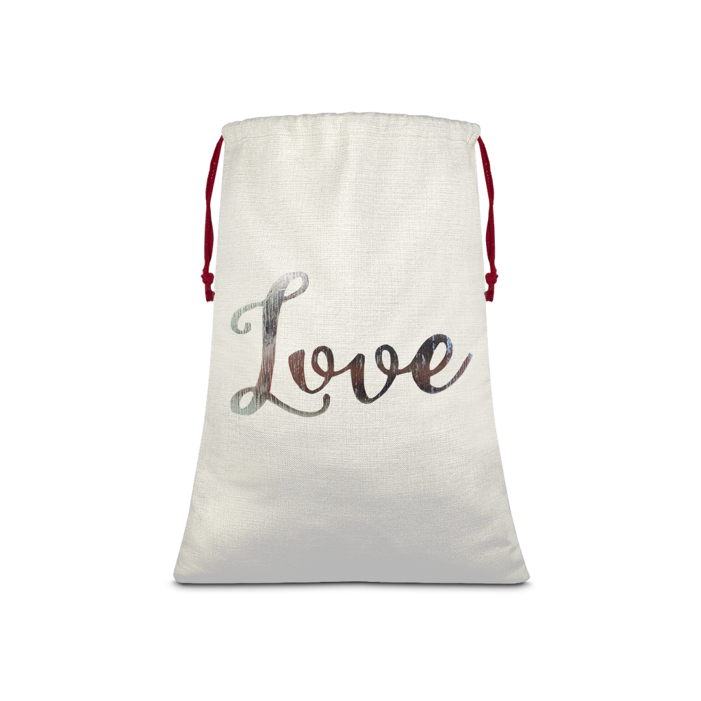 Love Sublimation Linen Drawstring Sack with red drawstring, showcasing its linen effect and eco-friendly print, perfect for Christmas gifts.