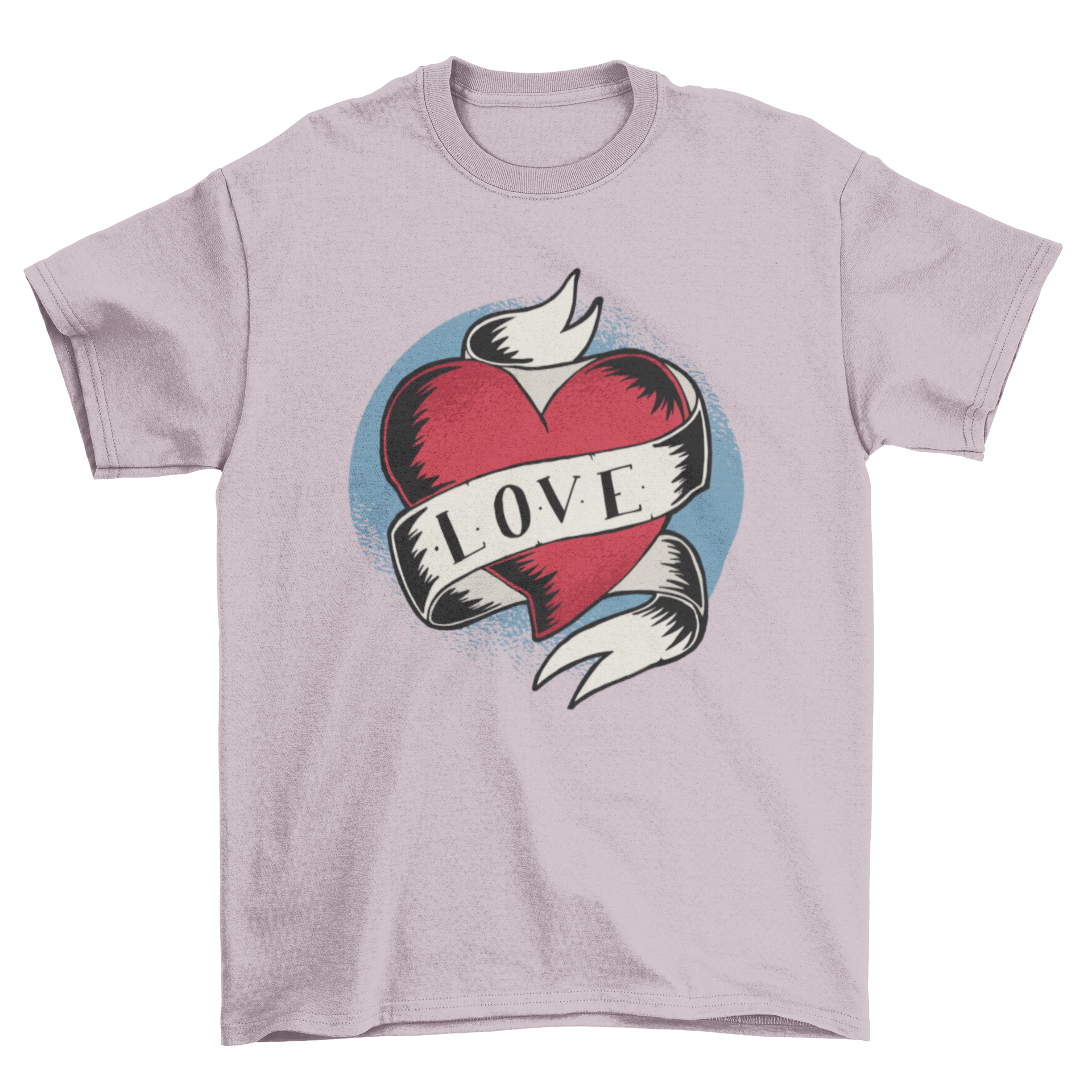 A stylish Love Tattoo T-Shirt featuring a vintage tattoo heart design with a white ribbon on a grungy circle backdrop.